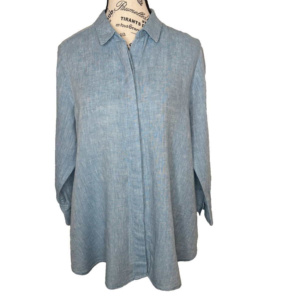 Boho Chic Women’s Linen Long Sleeve Blouse Large Blue Back Pleat 3/4 Sleeves